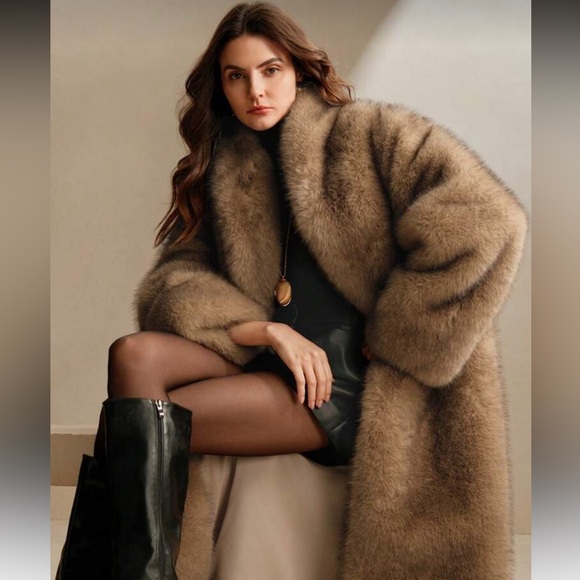 3 LEFT 🔥 Luxury Long Faux Fur Coat Winter Jacket Vintage Old Money Style cream - Picture 12 of 17